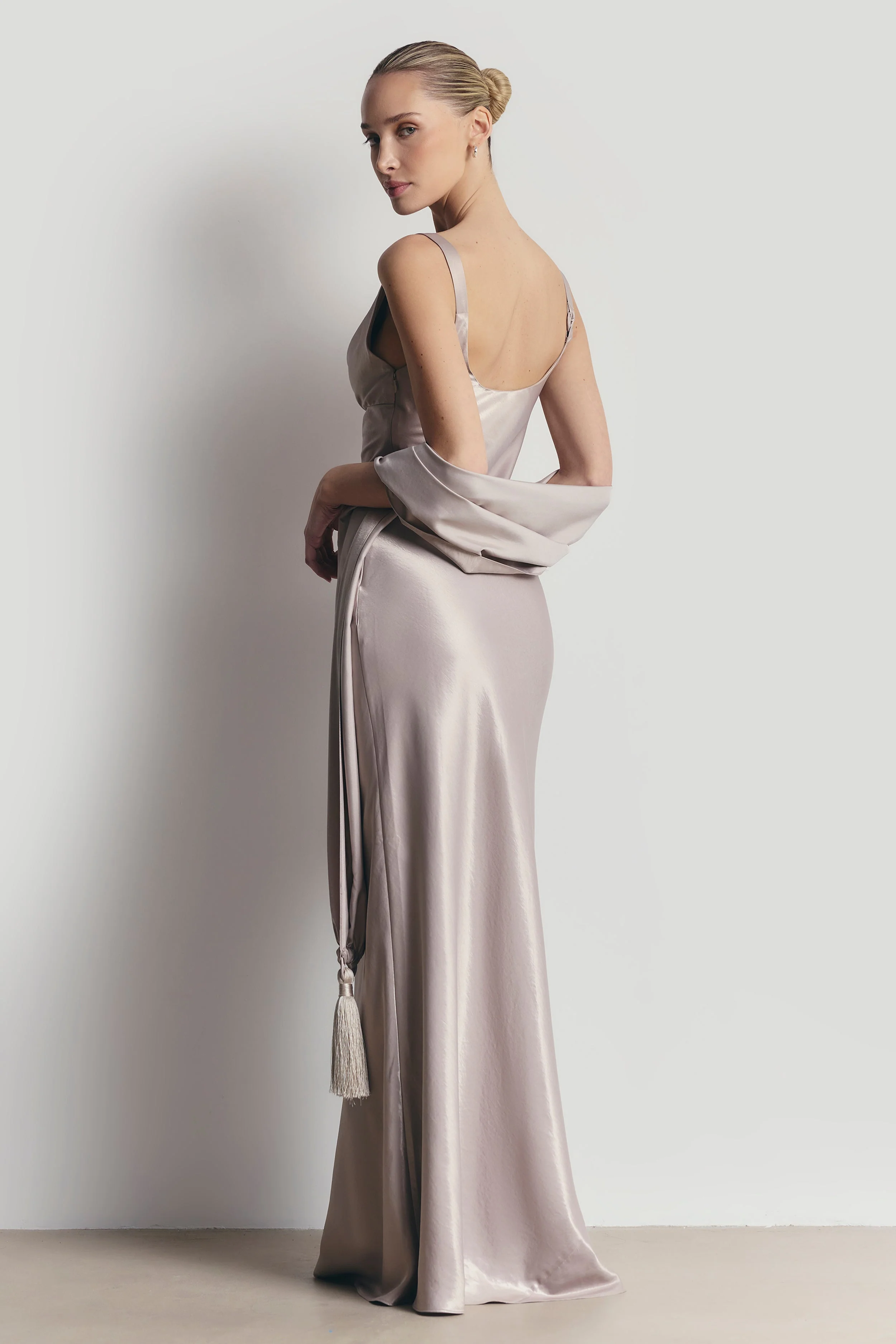 High Gloss Satin Tassel Shawl - Pebble - Image 4