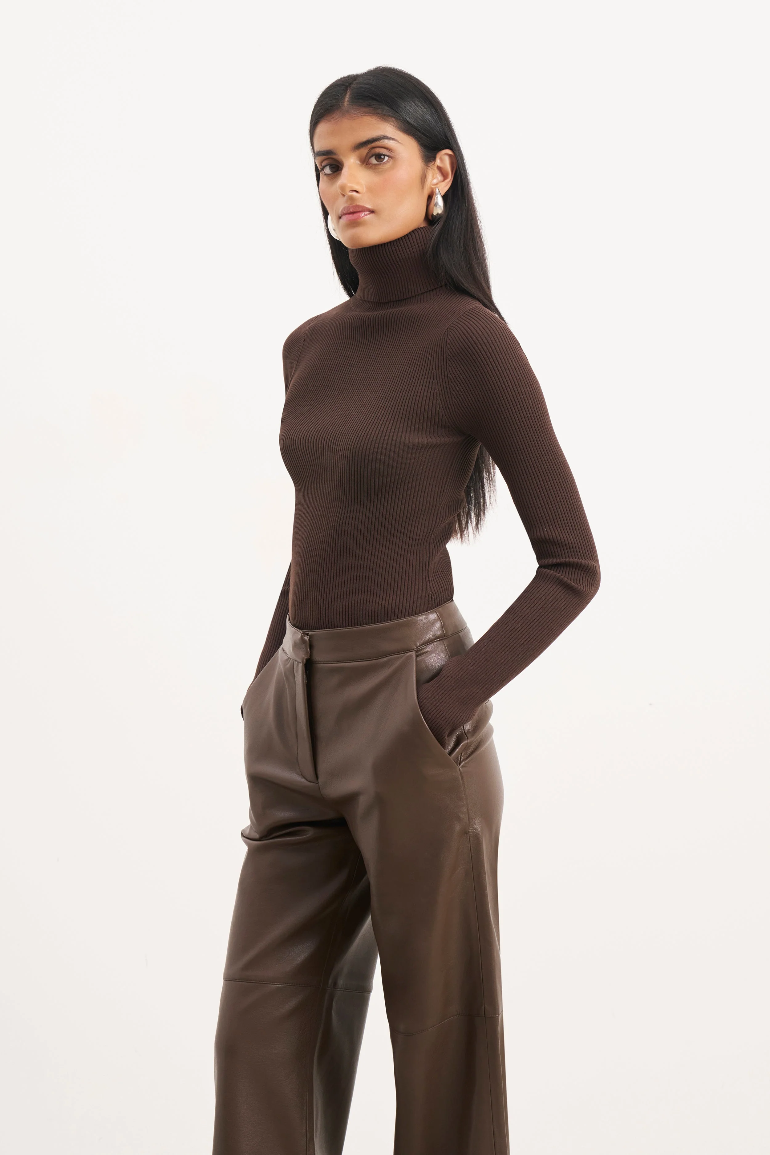 Ribbed Knit Turtleneck Jumper - Carob - Image 4