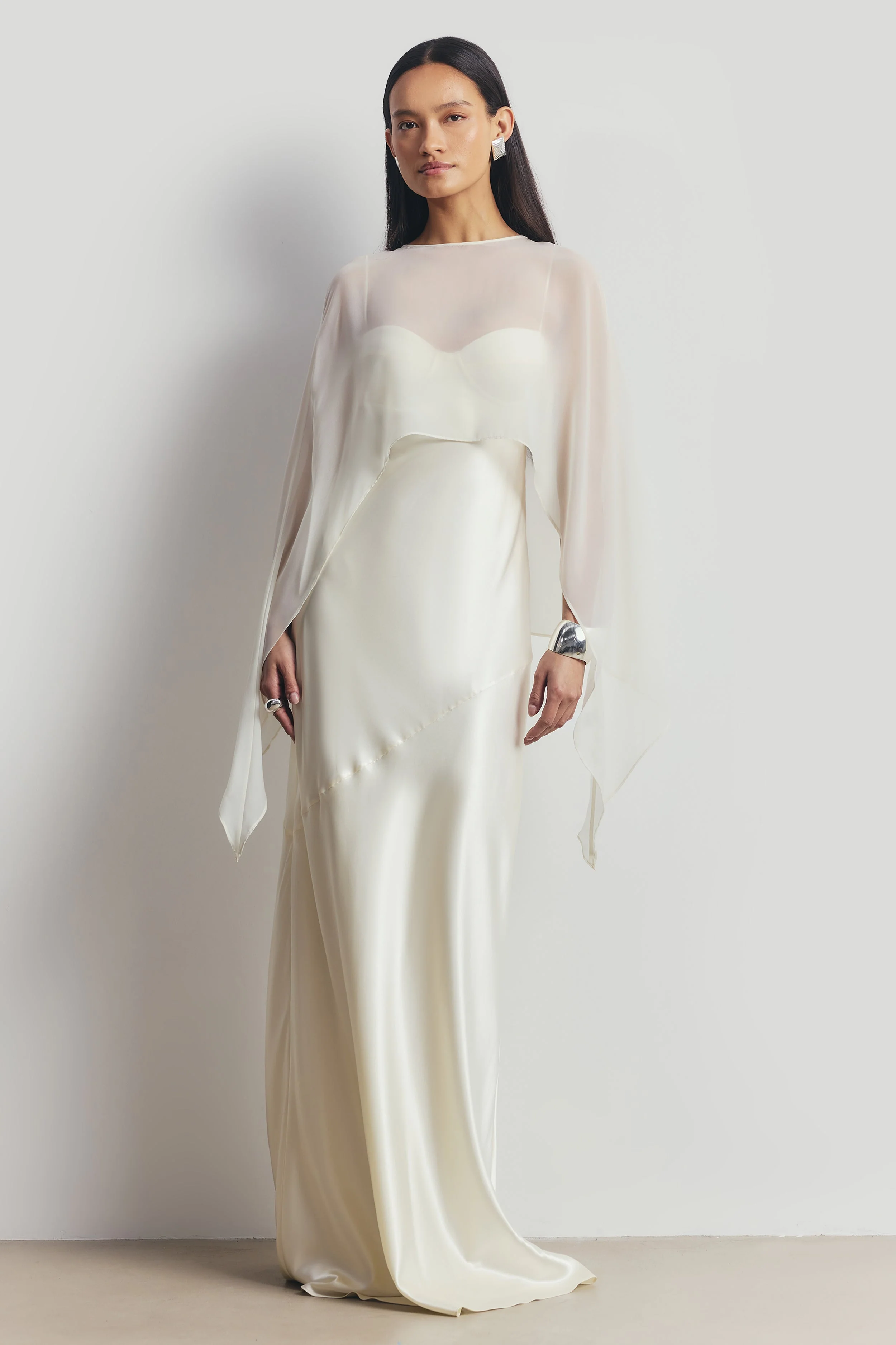 Sheer Chiffon Curved Hem Cape - Cream - Image 4
